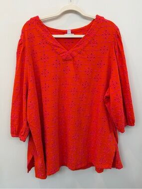 J. Jill Women's Eyelet Tunic Orange Fushia V-neck Size 3x 3/4 Sleeves